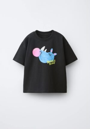 Áo Thun Cotton Trẻ Em Màu Đen Họa Tiết Tê Giác Bubble Buddy Zara SP - Size 5Y
