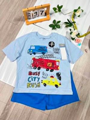 Cotton Áo Xe Cứu Hỏa & Quần Short Xanh hãng Sinsay BL- Size 7-8Y