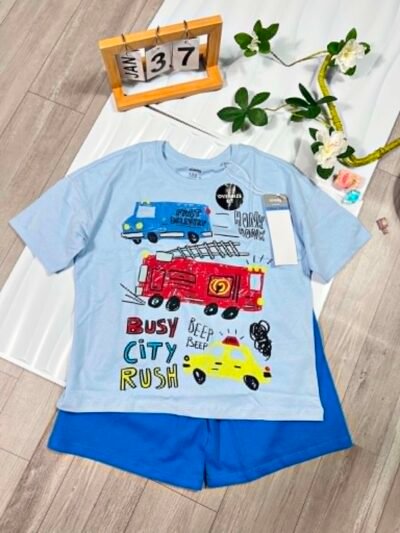 Cotton Áo Xe Cứu Hỏa & Quần Short Xanh hãng Sinsay BL- Size 7-8Y