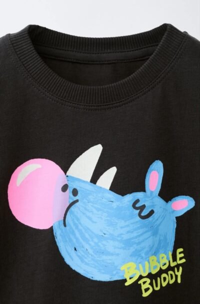 Áo Thun Cotton Trẻ Em Màu Đen Họa Tiết Tê Giác Bubble Buddy Zara SP - Size 5Y