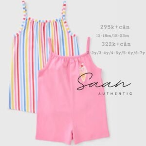 Set Bộ Hai Dây Bé Gái Cotton Mát Họa Tiết Kẻ Sọc & Hồng Kem - Size 2-3Y